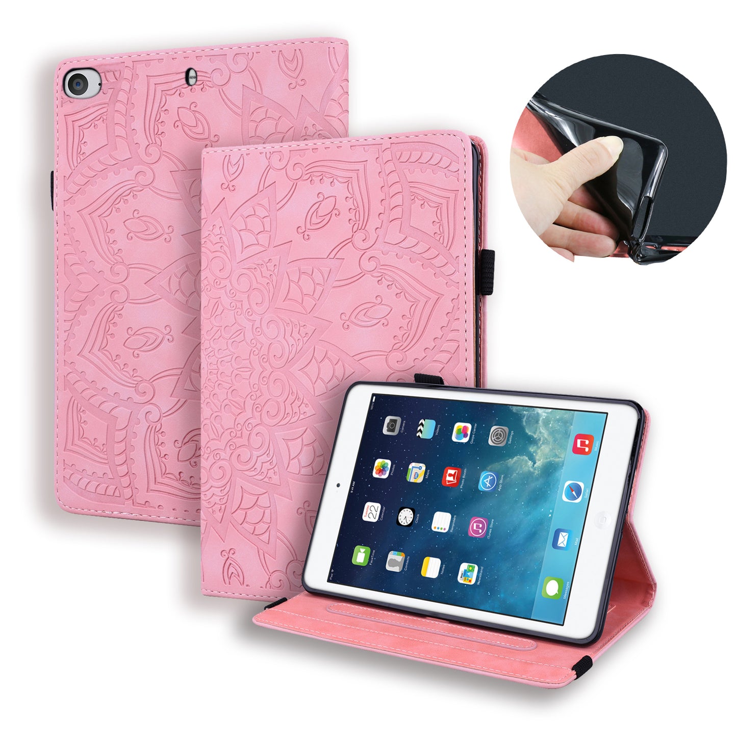 Double Hem iPad Mini 4 Leather Case Embossing Sunflower Wallet Foldable Stand