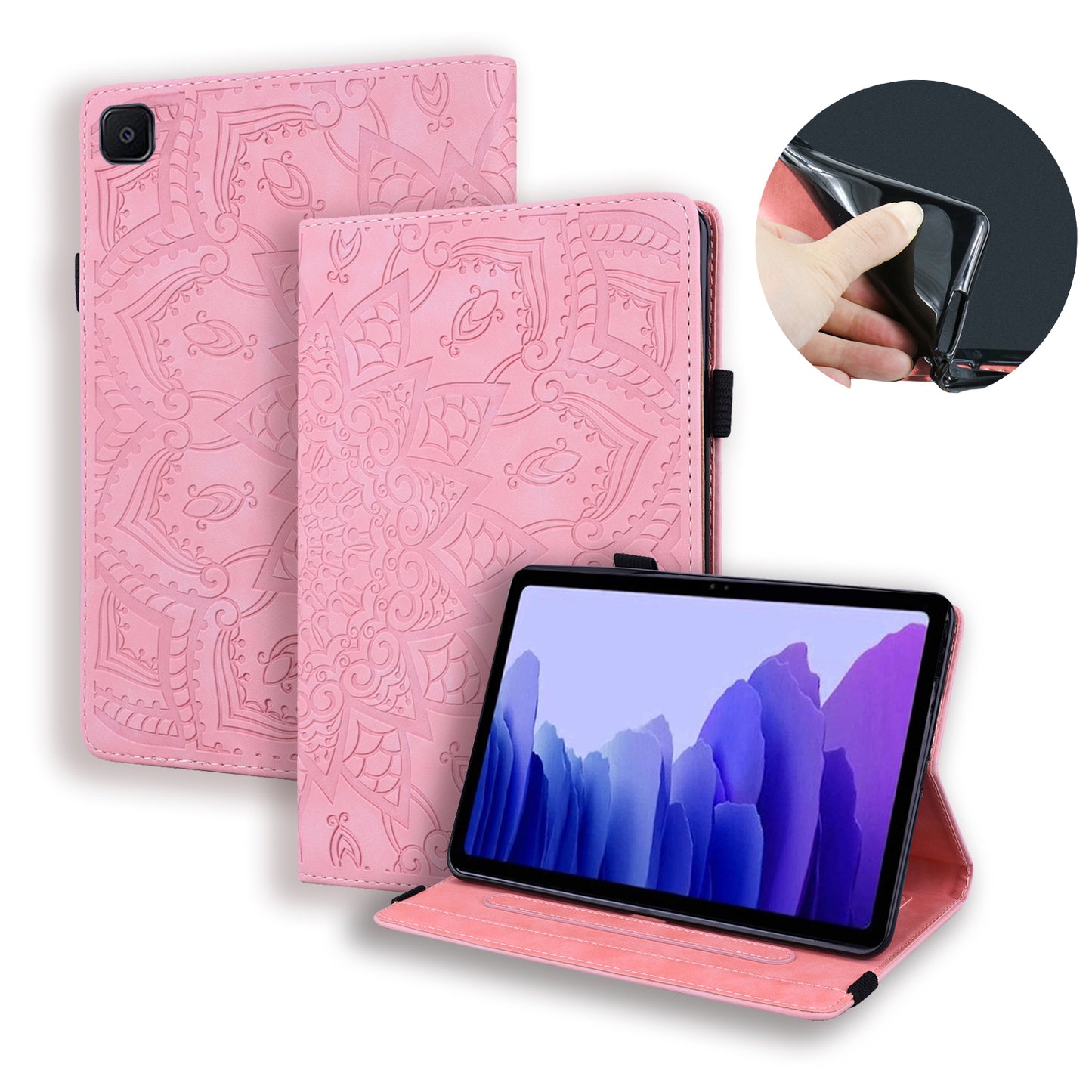 Double Hem Galaxy Tab A8 Leather Case Embossing Sunflower Wallet Foldable Stand