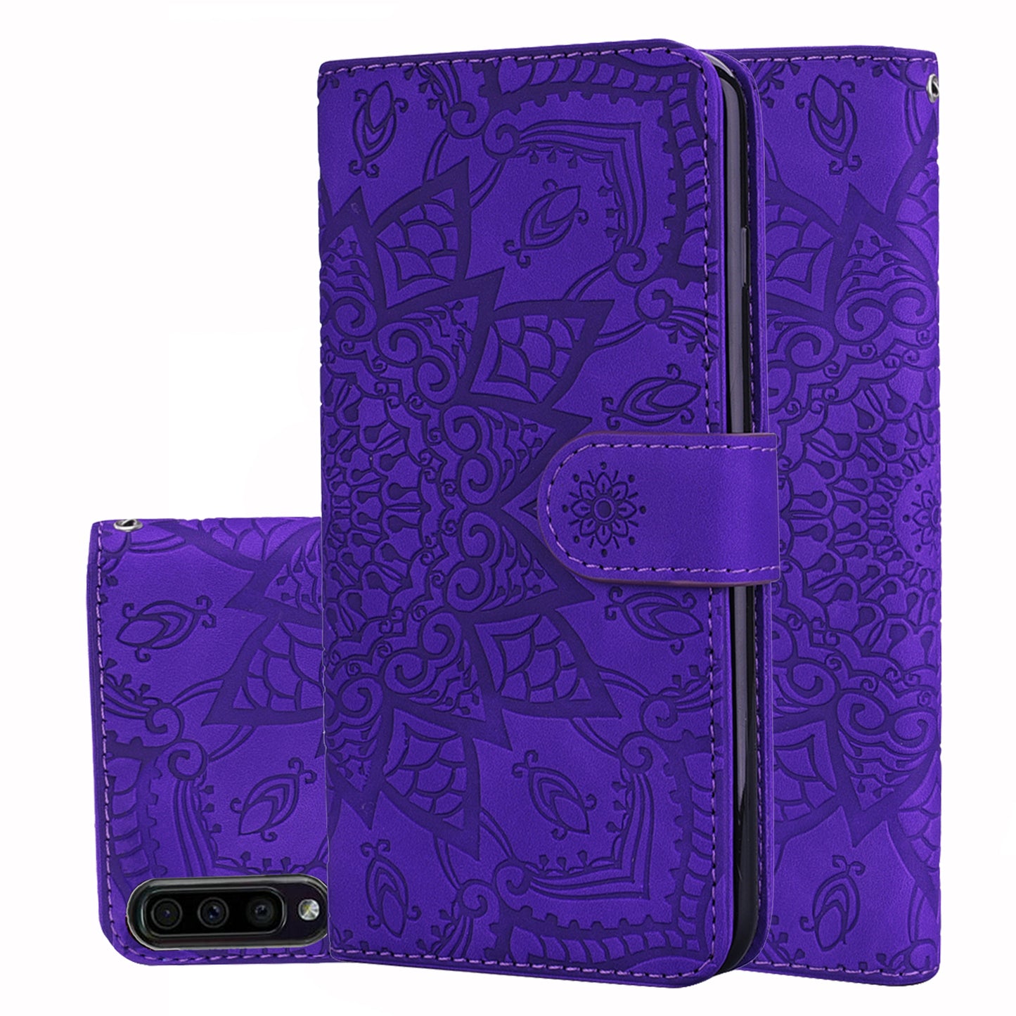 Double Hem Galaxy A70s Leather Case Embossing Sunflower Wallet Foldable Stand