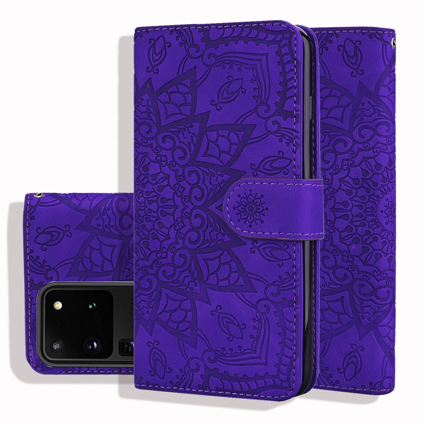 Double Hem Galaxy S22 Ultra Leather Case Embossing Sunflower Wallet Foldable Stand