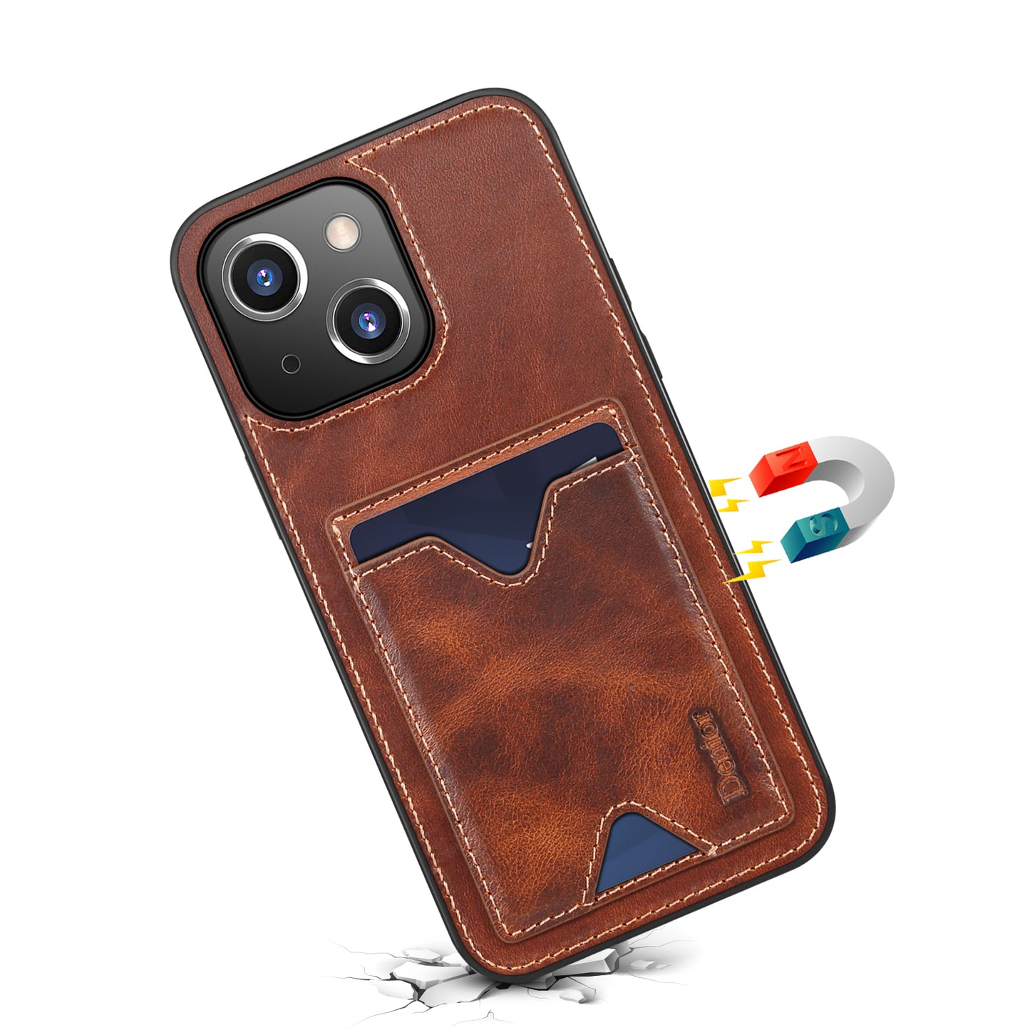 Waxed Cowhide Leather iPhone 13 Wallet Cover Verticle Magnetic Kickstand