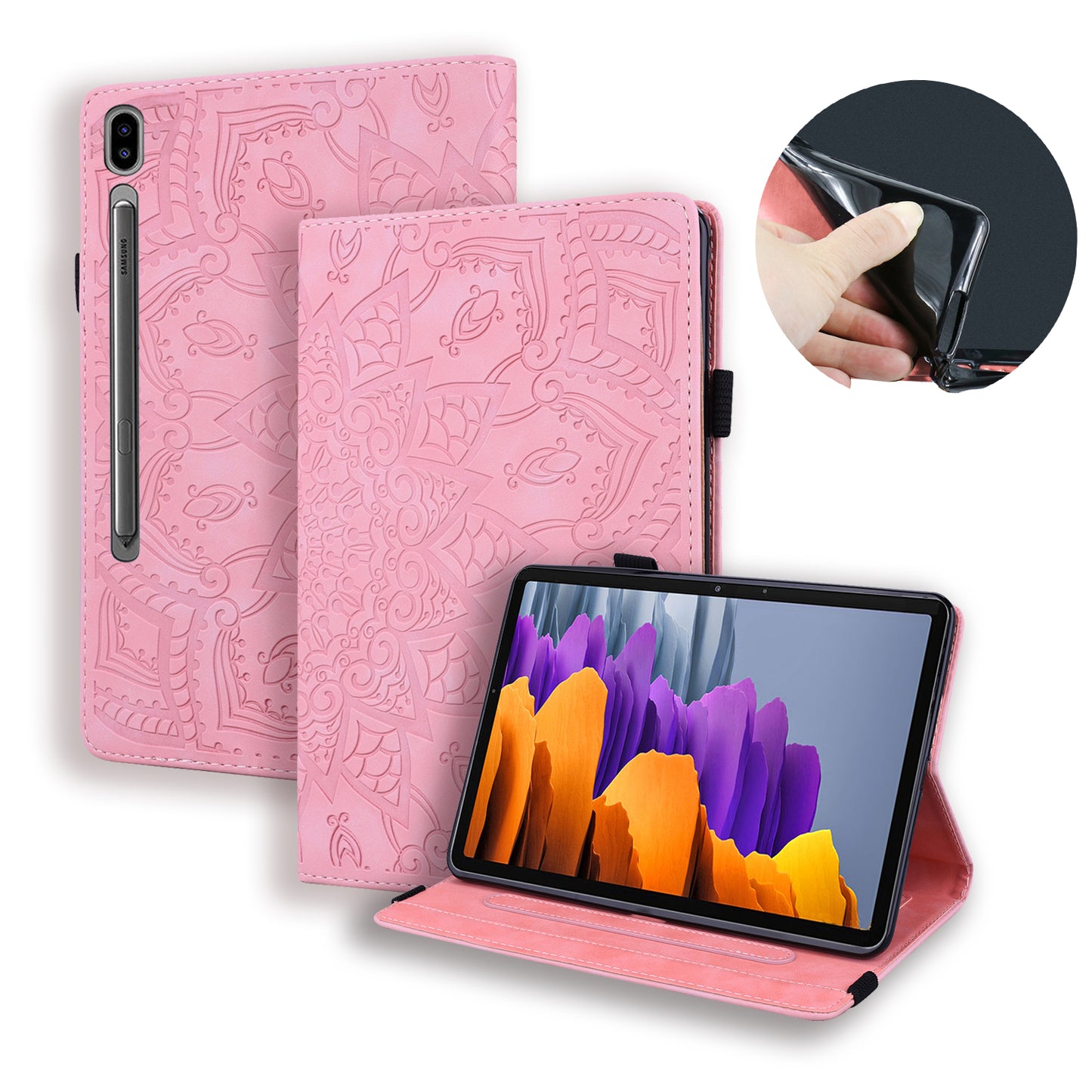 Double Hem Galaxy Tab S7 FE Leather Case Embossing Sunflower Wallet Foldable Stand