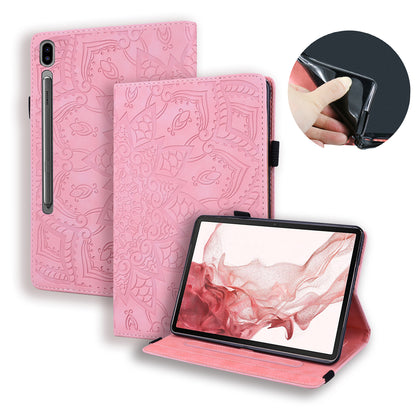 Double Hem Galaxy Tab S8 Leather Case Embossing Sunflower Wallet Foldable Stand