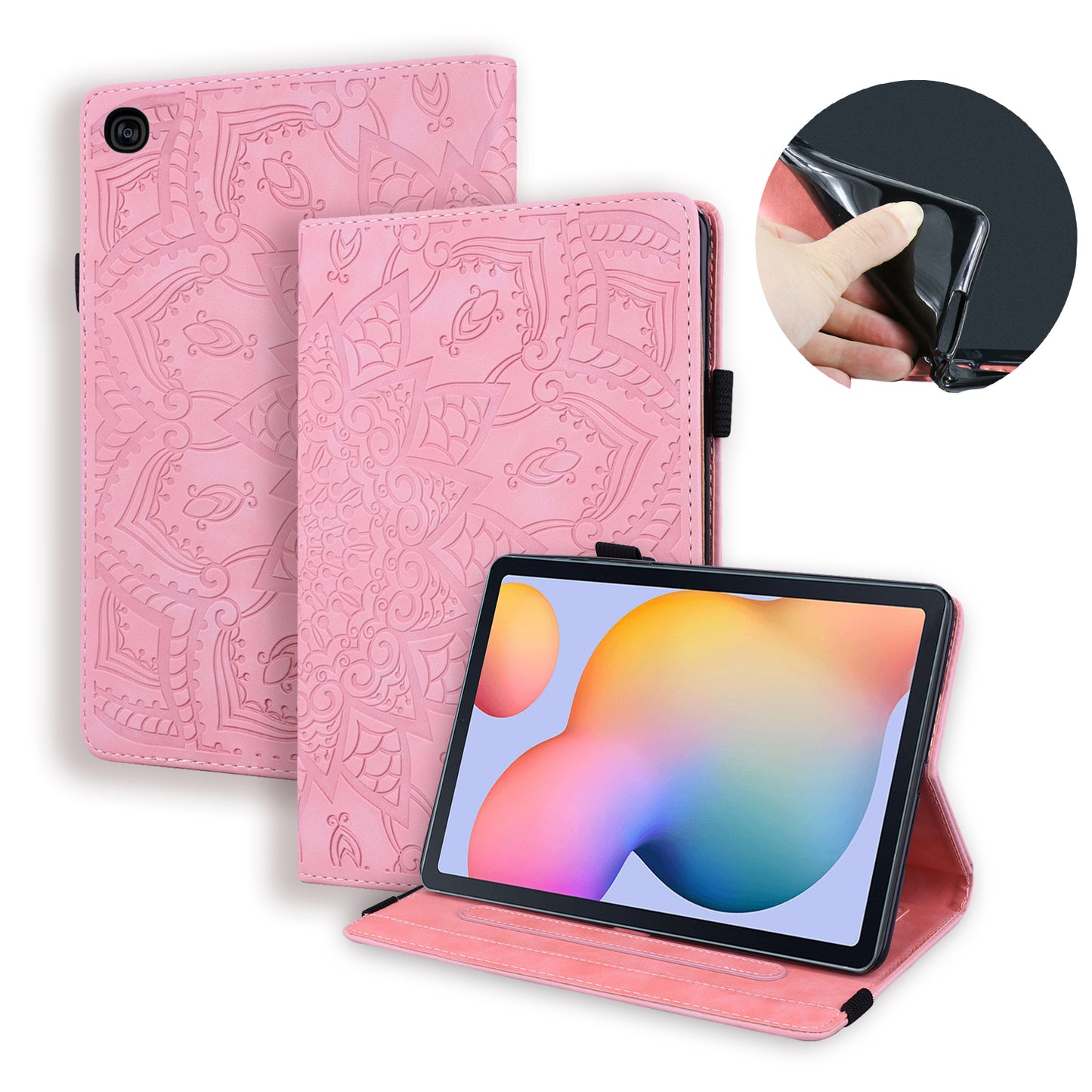 Double Hem Galaxy Tab S6 Lite Leather Case Embossing Sunflower Wallet Foldable Stand