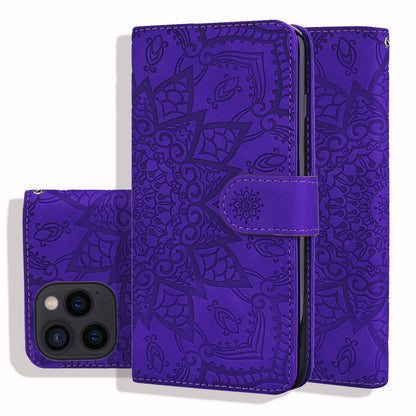 Double Hem iPhone 13 Pro Max Leather Case Embossing Sunflower Wallet Foldable Stand