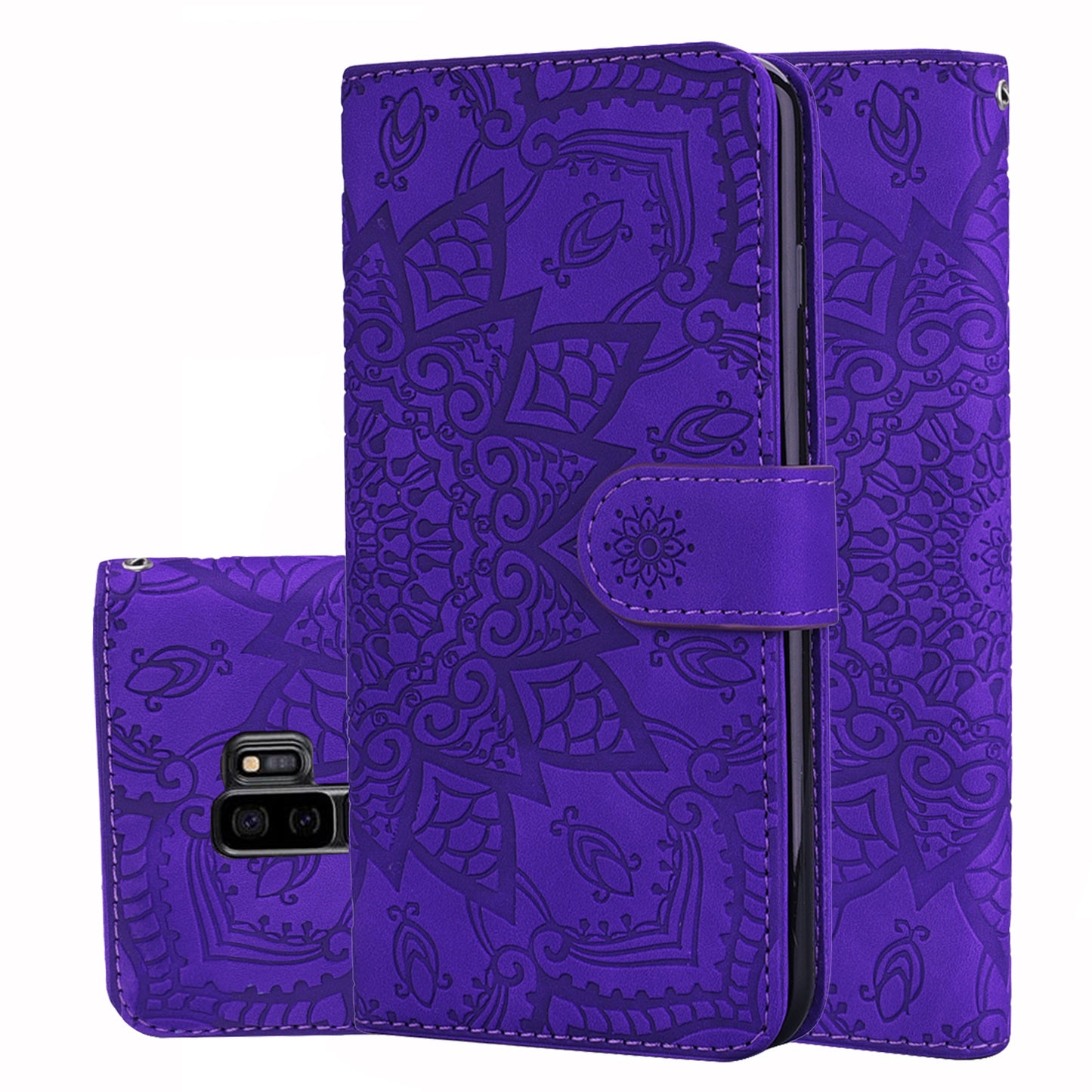 Double Hem Galaxy S9+ Leather Case Embossing Sunflower Wallet Foldable Stand