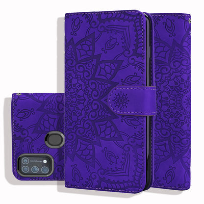 Double Hem Galaxy A21s Leather Case Embossing Sunflower Wallet Foldable Stand