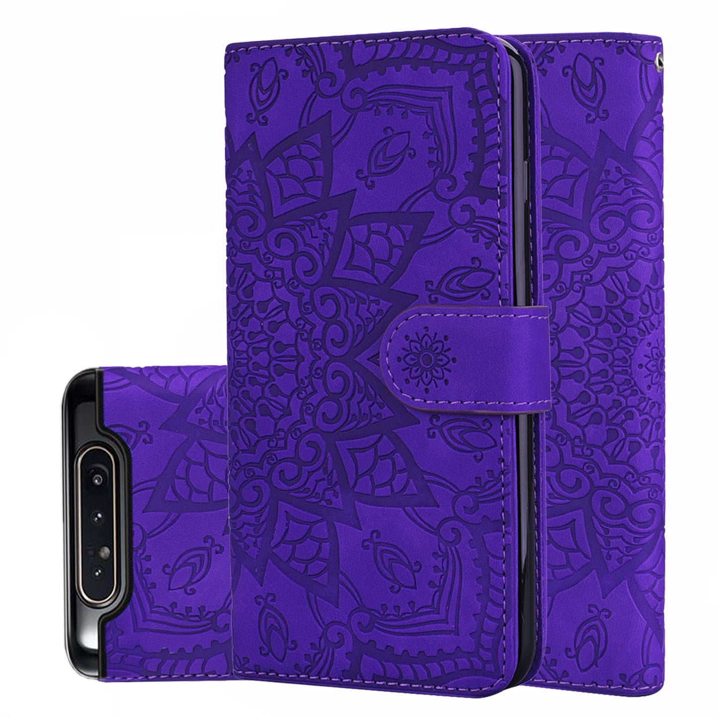 Double Hem Galaxy A90 Leather Case Embossing Sunflower Wallet Foldable Stand