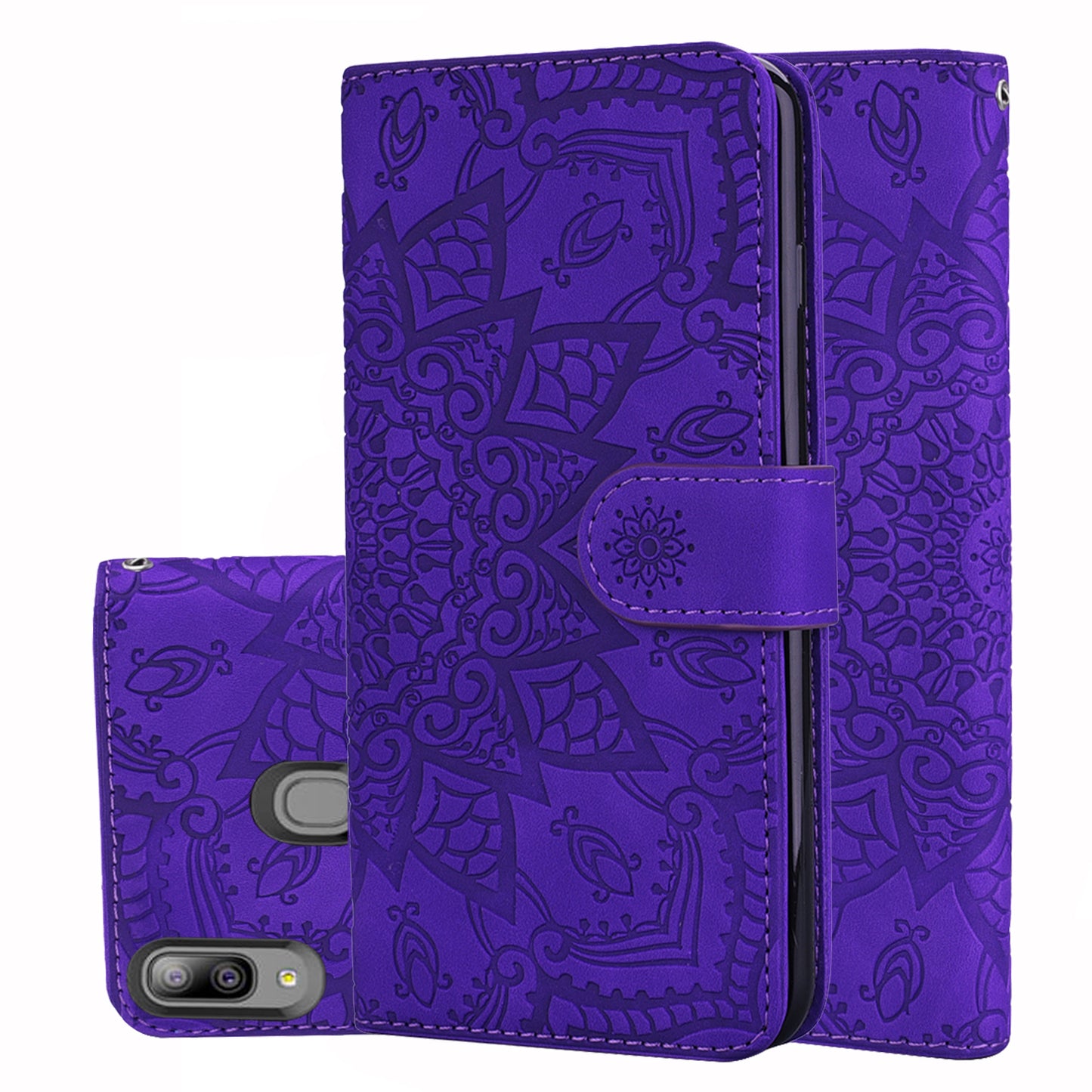 Double Hem Galaxy A20 Leather Case Embossing Sunflower Wallet Foldable Stand