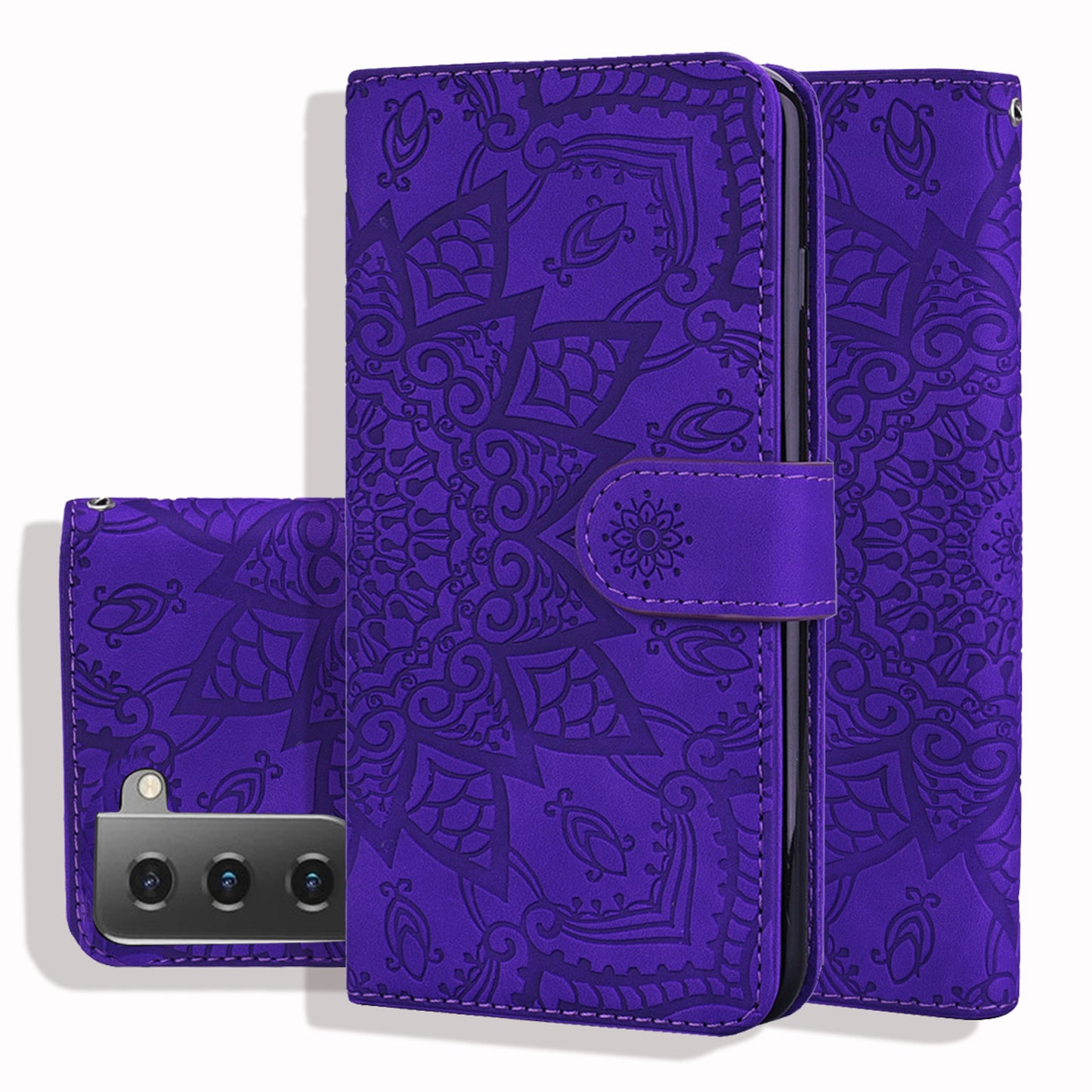 Double Hem Galaxy S21+ Leather Case Embossing Sunflower Wallet Foldable Stand