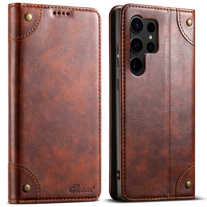 Baroque Galaxy S23 Ultra Leather Case Magtic Flip Wallet Stand Business RFID