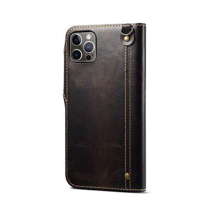 Waxed Cowhide Leather iPhone 13 Pro Max Fastener Case Wallet Stand with Hand Strap