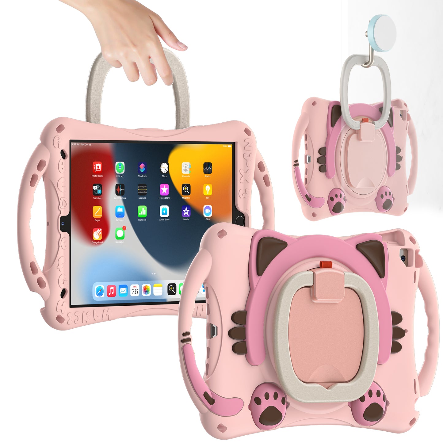 Stereoscopic Cat iPad 7 Silicone Case Kids Safe Rotating Folding Handle Grip