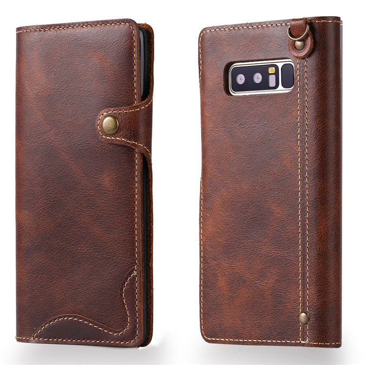 Waxed Cowhide Leather Galaxy Note8 Fastener Case Wallet Stand with Hand Strap