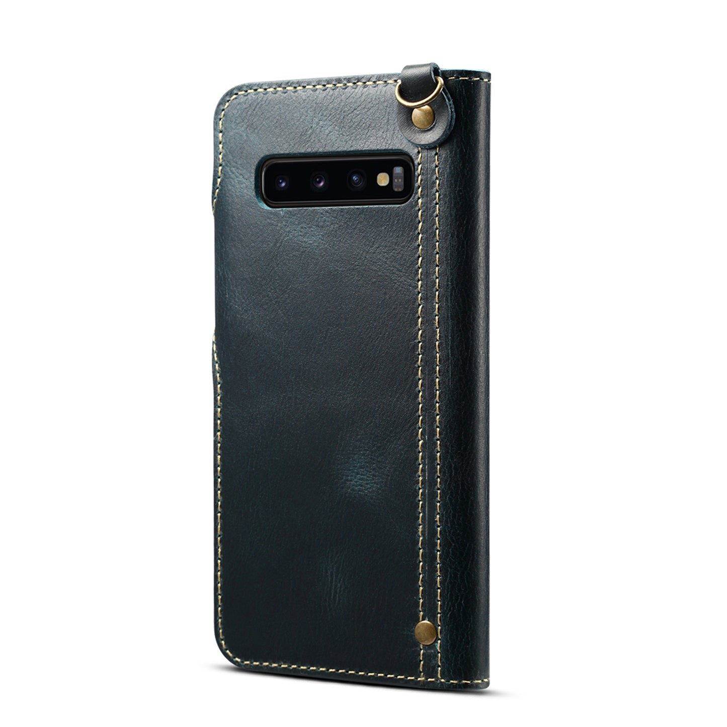 Waxed Cowhide Leather Galaxy S10 5G Fastener Case Wallet Stand with Hand Strap