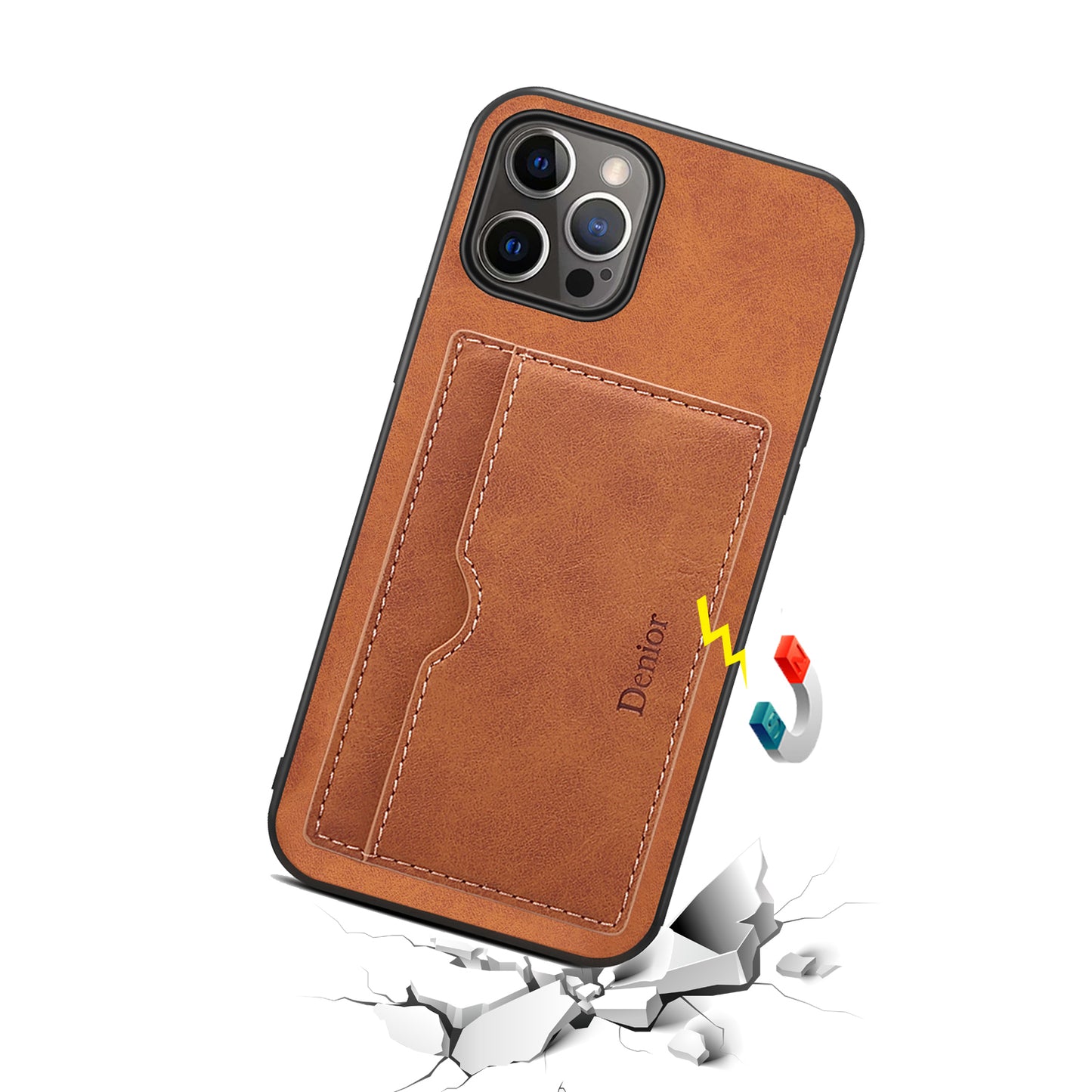 Horizontal Card Holder iPhone 14 Pro Back Cover Retro Leather Magnetic Stand