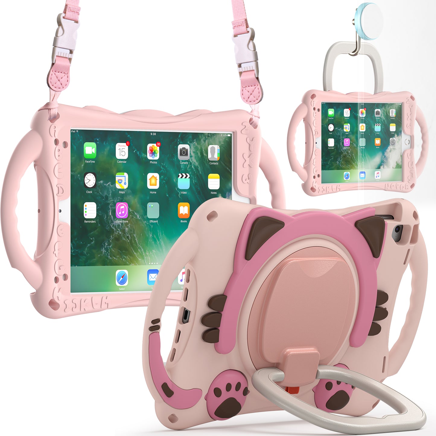 Stereoscopic Cat iPad Pro 9.7 Silicone Case Kids Safe Rotating Folding Handle Grip