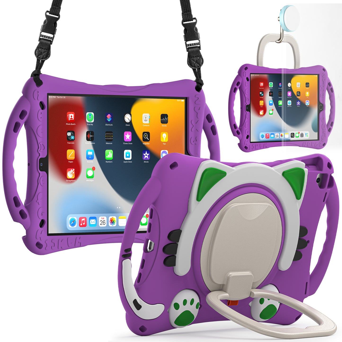 Stereoscopic Cat iPad 7 Silicone Case Kids Safe Rotating Folding Handle Grip