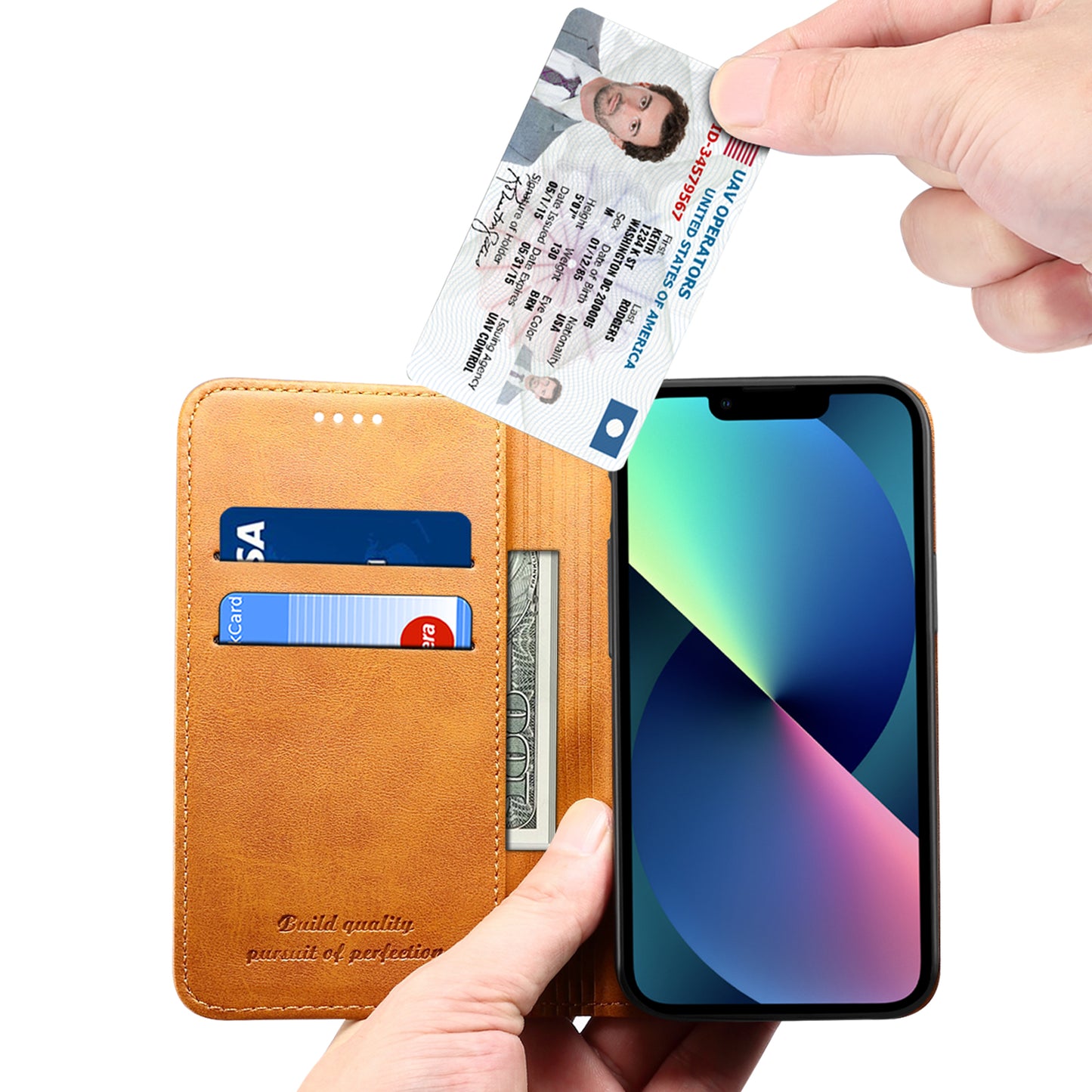 Simple Wallet iPhone 14 Leather Case RFID Anti-lost Magtic Stand Business