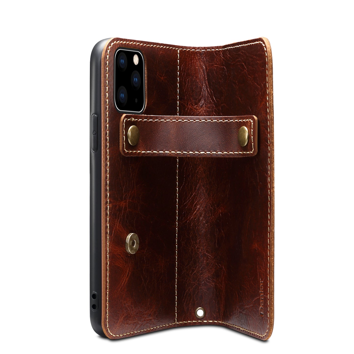 Waxed Cowhide Leather iPhone 13 Pro Max Magnetic Buckle Case Wallet Stand