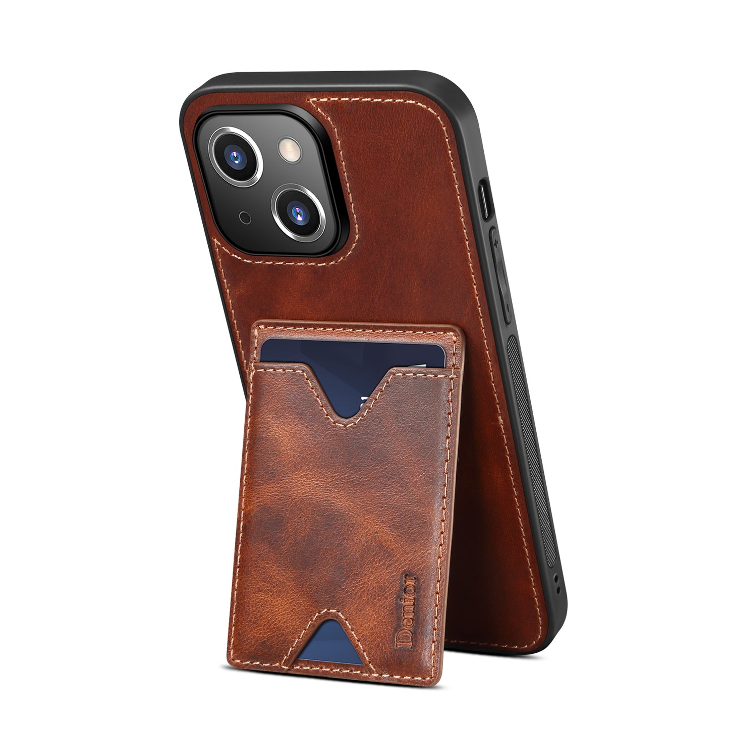 Waxed Cowhide Leather iPhone 13 Wallet Cover Verticle Magnetic Kickstand