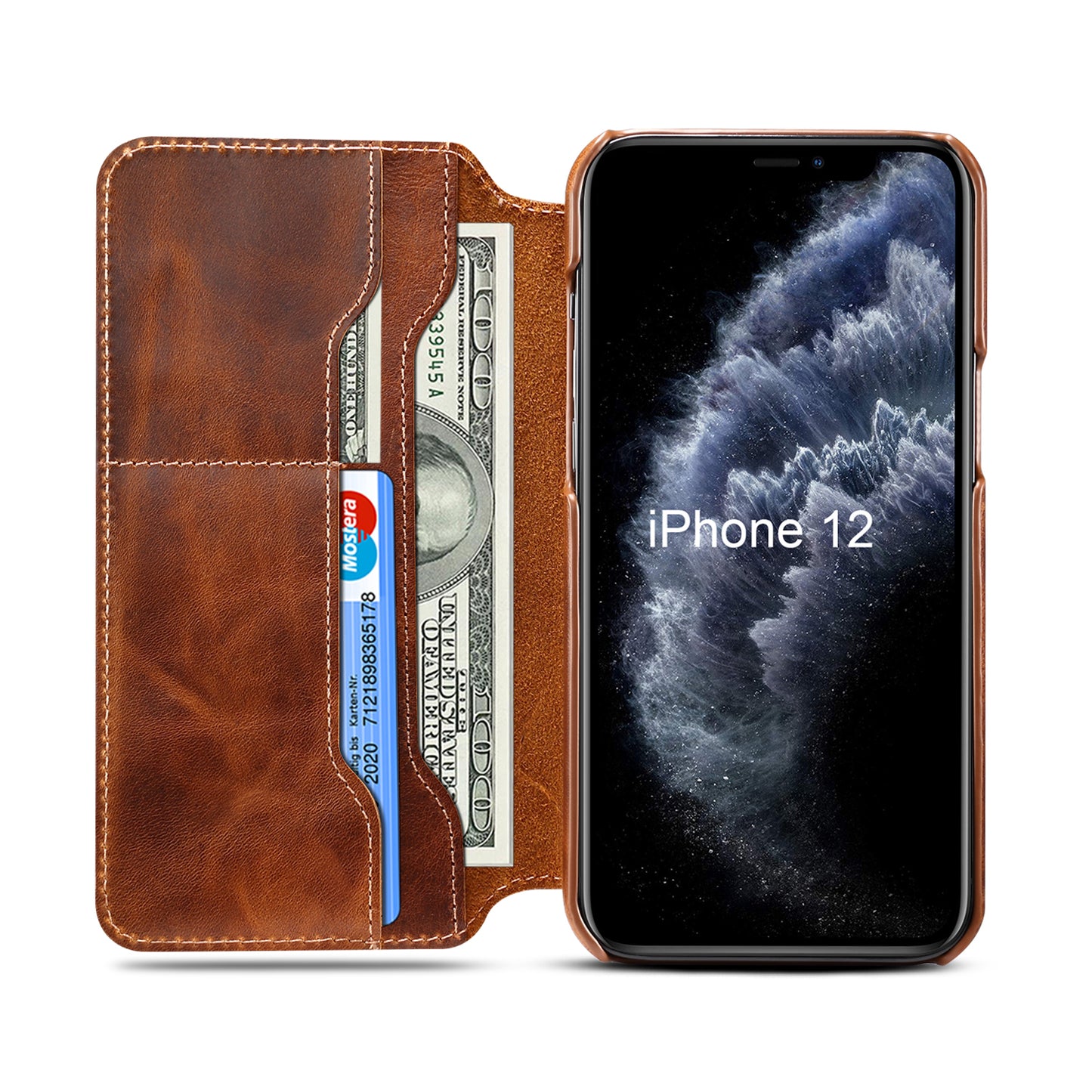 Waxed Cowhide Leather iPhone 13 Willow Nail Case Wallet Stand Classical