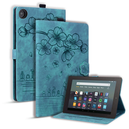 Cat Cherry Blossoms Kindle Fire HD8 (2015) Case Retro Leather Embossing Wallet Stand