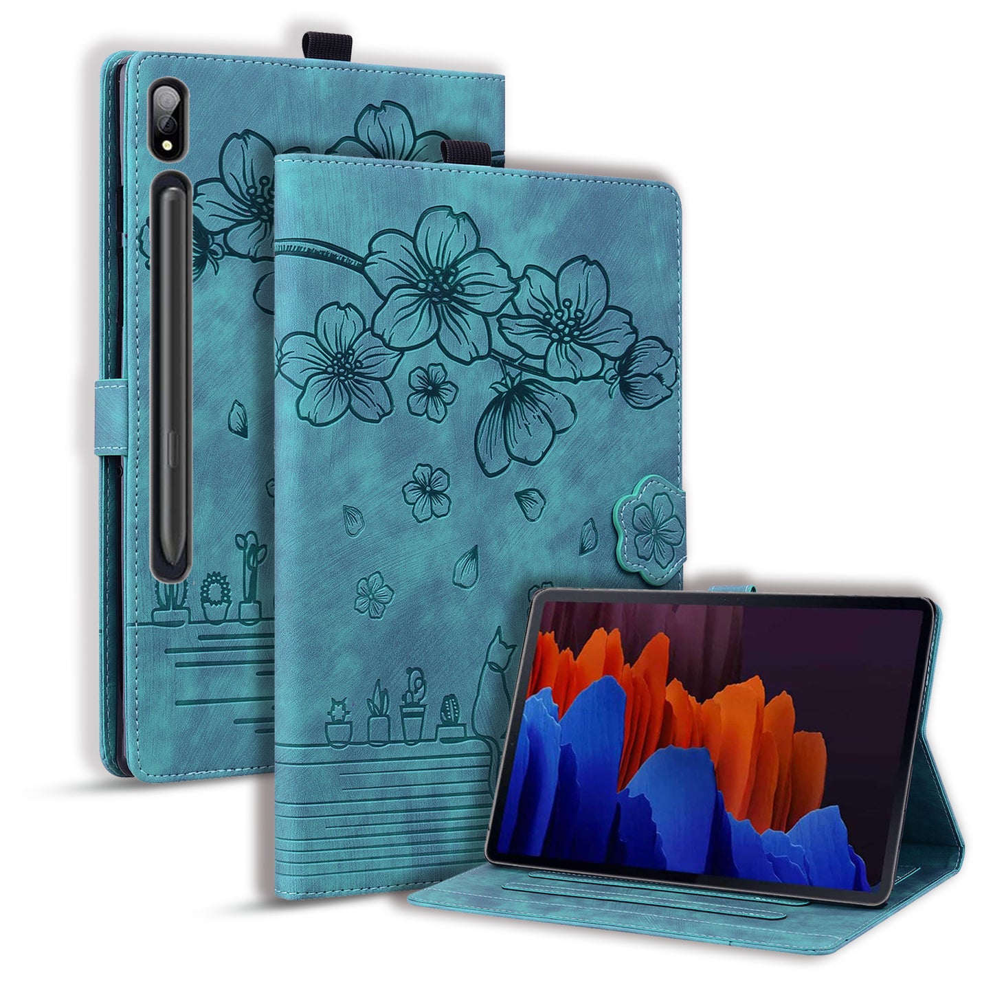 Cat Cherry Blossoms Galaxy Tab S8 Grils Case Retro Leather Embossing Wallet Stand