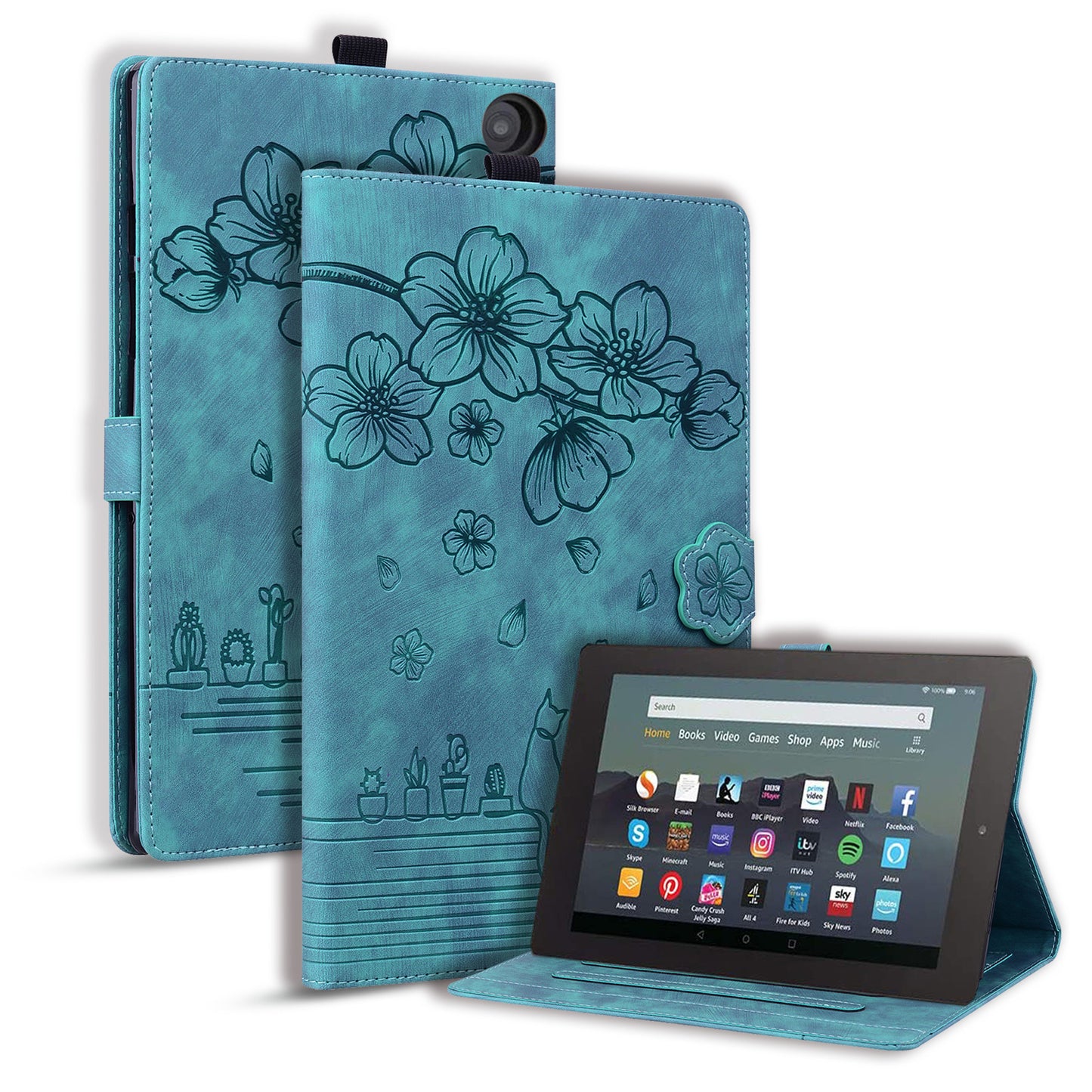 Cat Cherry Blossoms Kindle Fire HD8 (2022) Case Retro Leather Embossing Wallet Stand