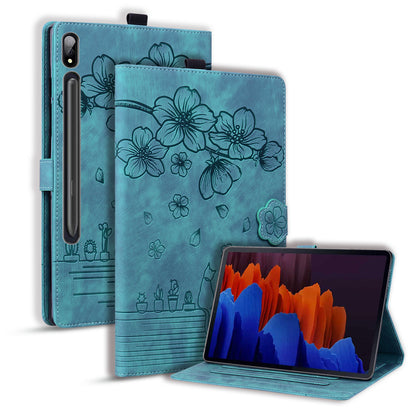 Cat Cherry Blossoms Galaxy Tab S7 Grils Case Retro Leather Embossing Wallet Stand