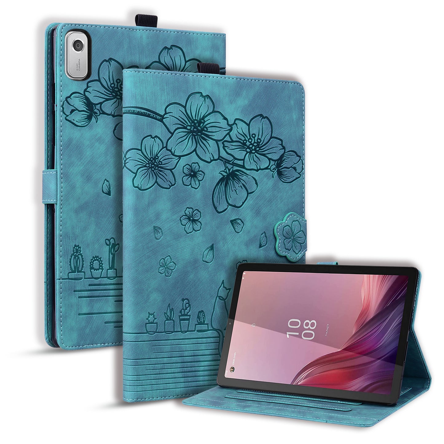 Cat Cherry Blossoms Lenovo Tab M9 (2023) Grils Case Retro Leather Embossing