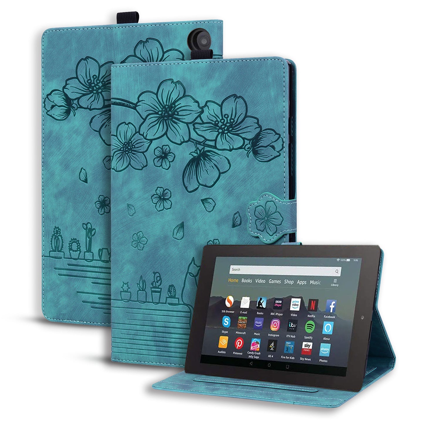 Cat Cherry Blossoms Kindle Fire HD8 Plus (2022) Case Retro Leather Embossing Wallet Stand