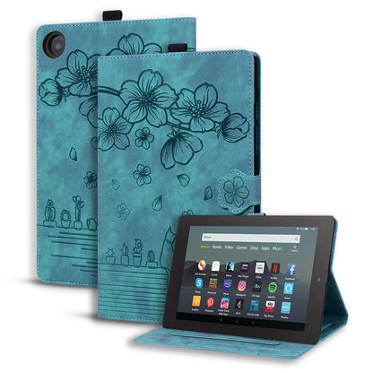 Cat Cherry Blossoms Kindle Fire HD8 (2018) Case Retro Leather Embossing Wallet Stand