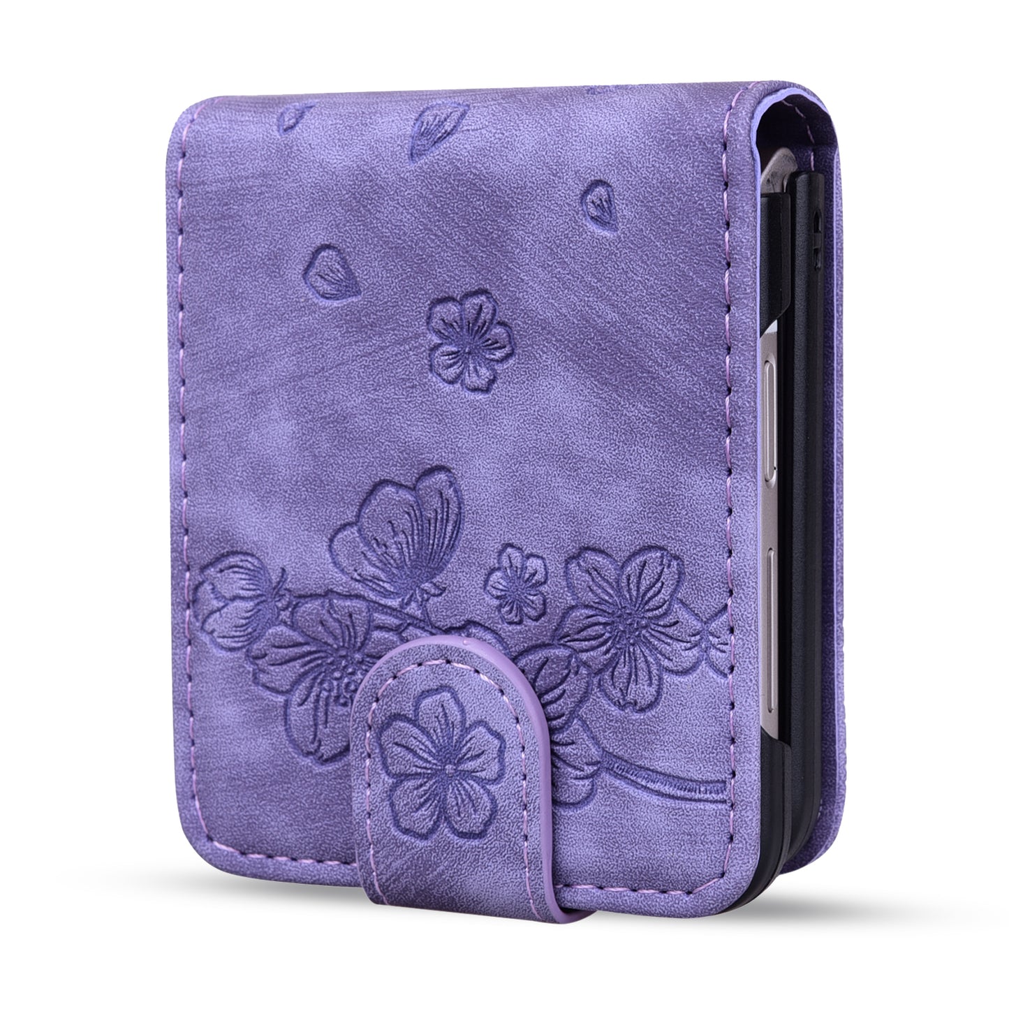 Cat Cherry Blossoms Galaxy Z Flip3 Grils Case Retro Leather Embossing Wallet Stand