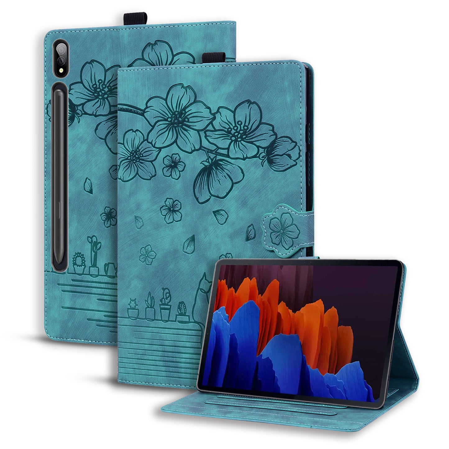 Cat Cherry Blossoms Galaxy Tab S9 Ultra Grils Case Retro Leather Embossing Wallet Stand