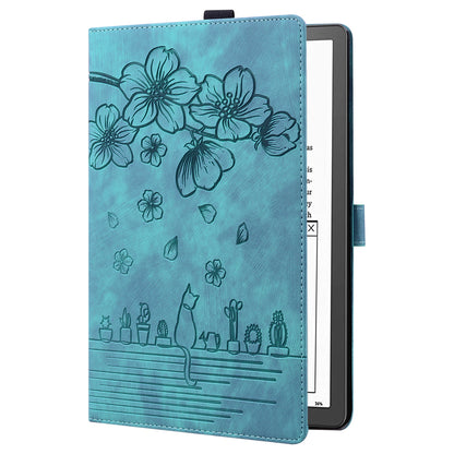 Cat Cherry Blossoms Kindle Scribe Grils Case Retro Leather Embossing Wallet Stand