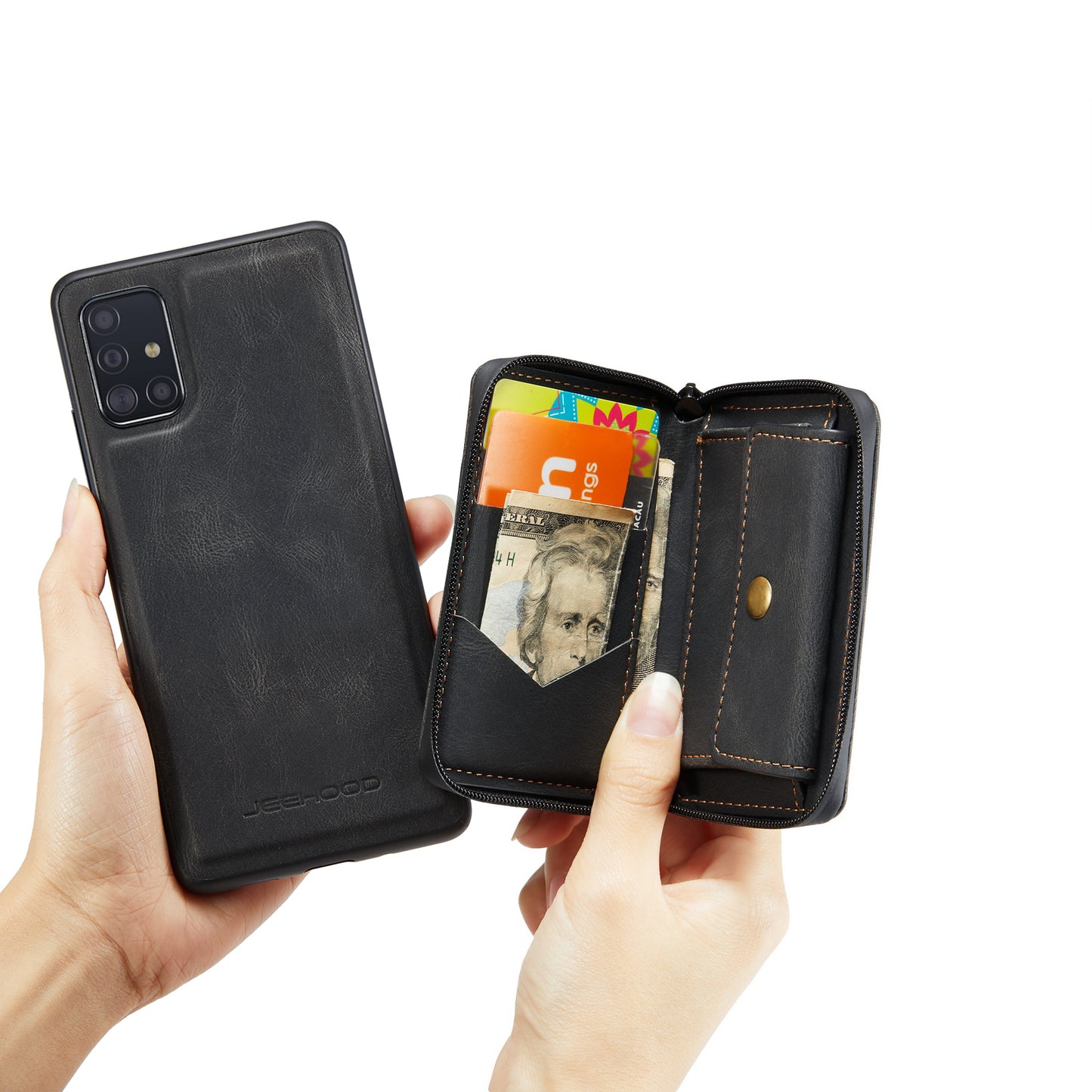 Magnetic Detachable Card Pouch Galaxy A71 Leather Cover RFID Zipper Stand