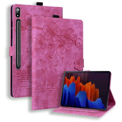 Cat Cherry Blossoms Galaxy Tab S8 Grils Case Retro Leather Embossing Wallet Stand