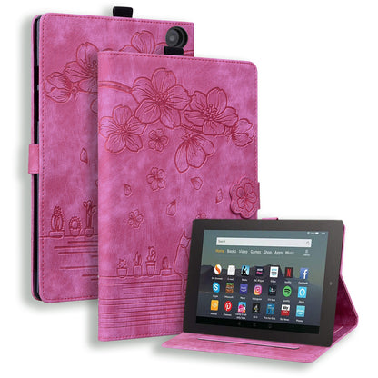 Cat Cherry Blossoms Kindle Fire HD8 Plus (2020) Case Retro Leather Embossing Wallet Stand