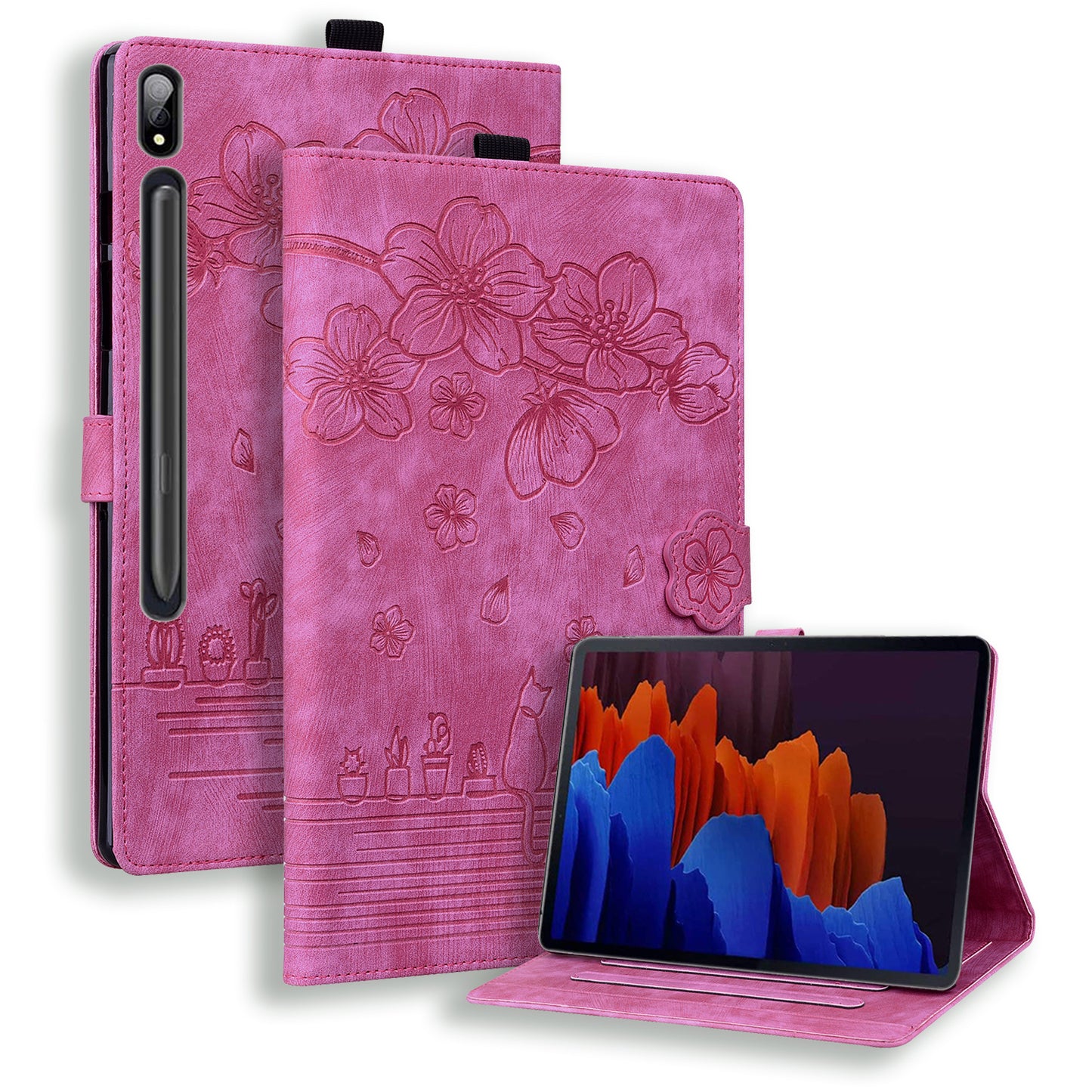 Cat Cherry Blossoms Galaxy Tab S7 FE Grils Case Retro Leather Embossing Wallet Stand