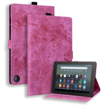 Cat Cherry Blossoms Kindle Fire HD10 Plus (2021) Grils Case Retro Leather Embossing