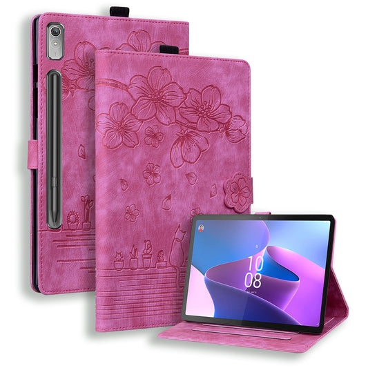 Cat Cherry Blossoms Lenovo Tab P11 Plus (2023) Grils Case Retro Leather Embossing