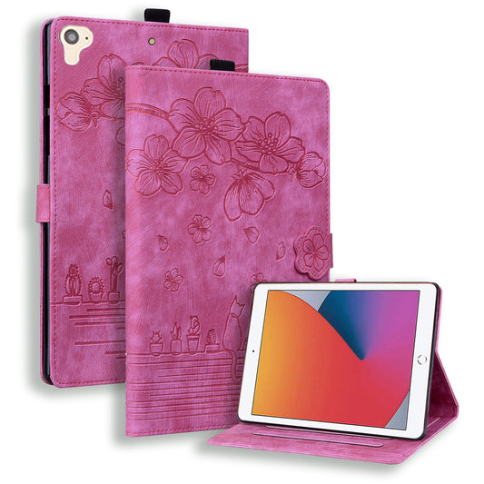 Cat Cherry Blossoms iPad 5 Grils Case Retro Leather Embossing Wallet Stand