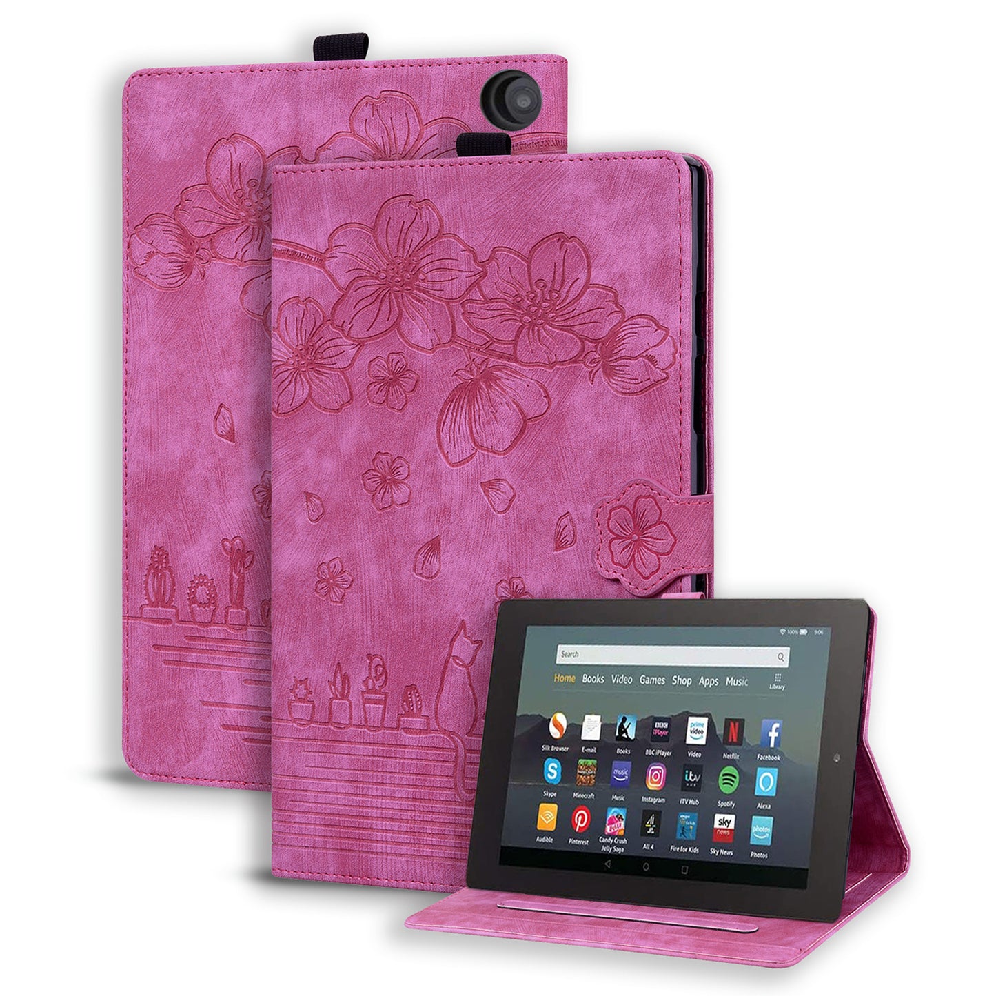 Cat Cherry Blossoms Kindle Fire HD8 Plus (2022) Case Retro Leather Embossing Wallet Stand