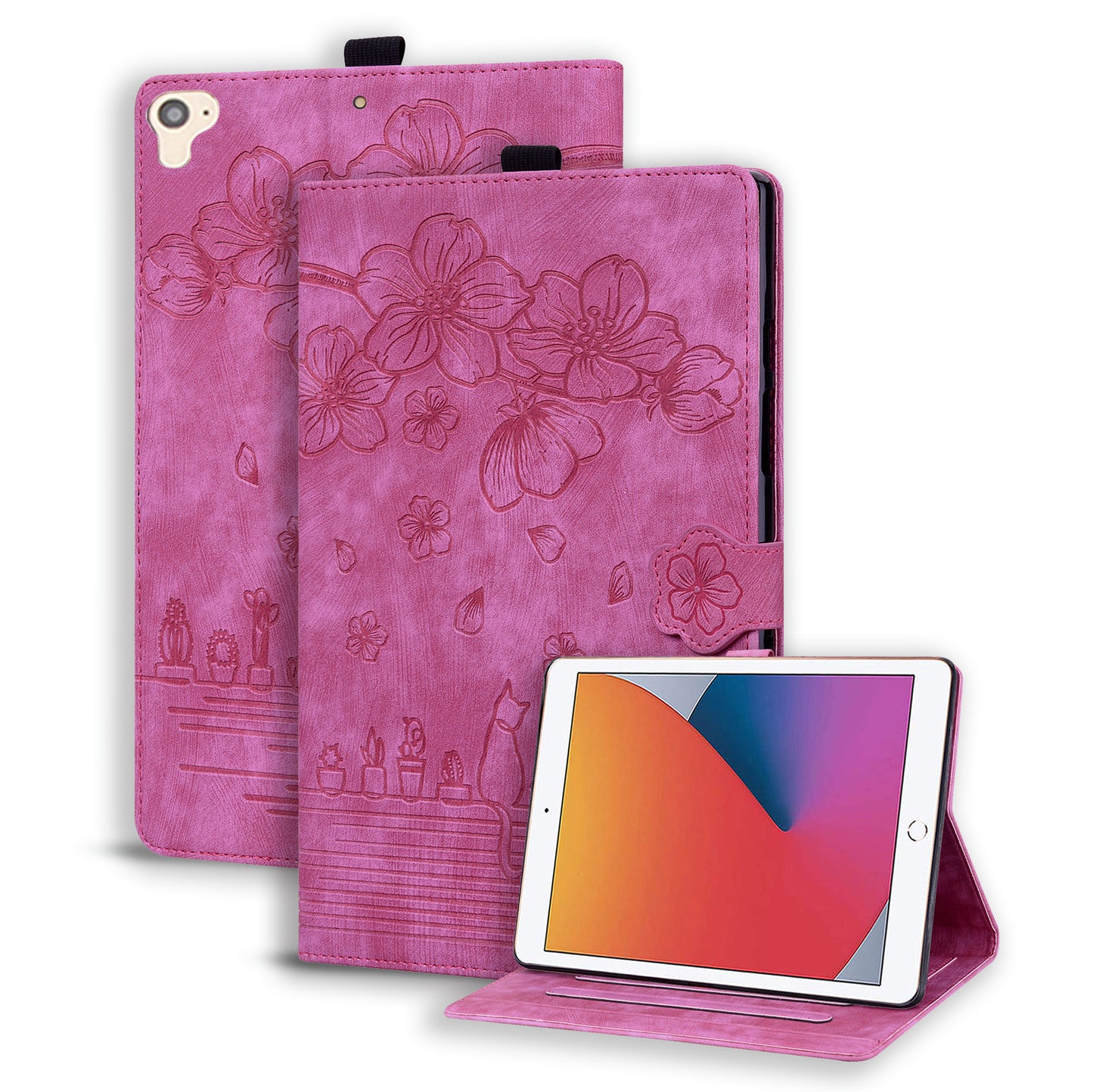 Cat Cherry Blossoms iPad 6 Grils Case Retro Leather Embossing Wallet Stand