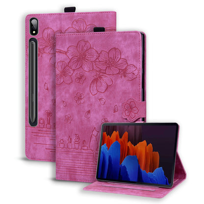 Cat Cherry Blossoms Galaxy Tab S9 Ultra Grils Case Retro Leather Embossing Wallet Stand