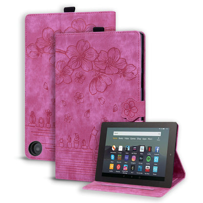 Cat Cherry Blossoms Kindle Fire HD10 (2021) Grils Case Retro Leather Embossing