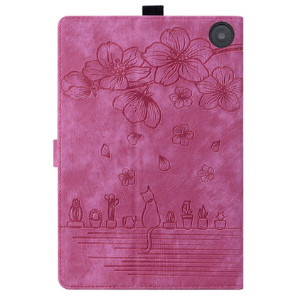 Cat Cherry Blossoms Kindle Fire HD8 (2022) Case Retro Leather Embossing Wallet Stand