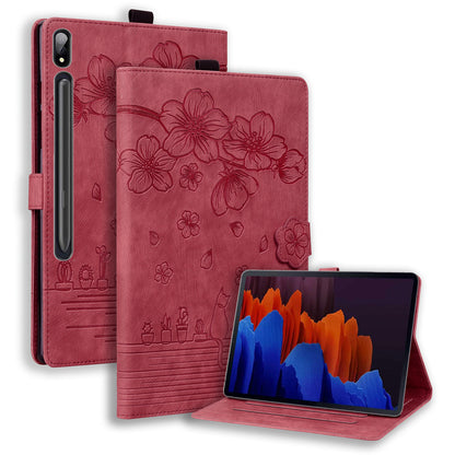 Cat Cherry Blossoms Galaxy Tab S8 Grils Case Retro Leather Embossing Wallet Stand