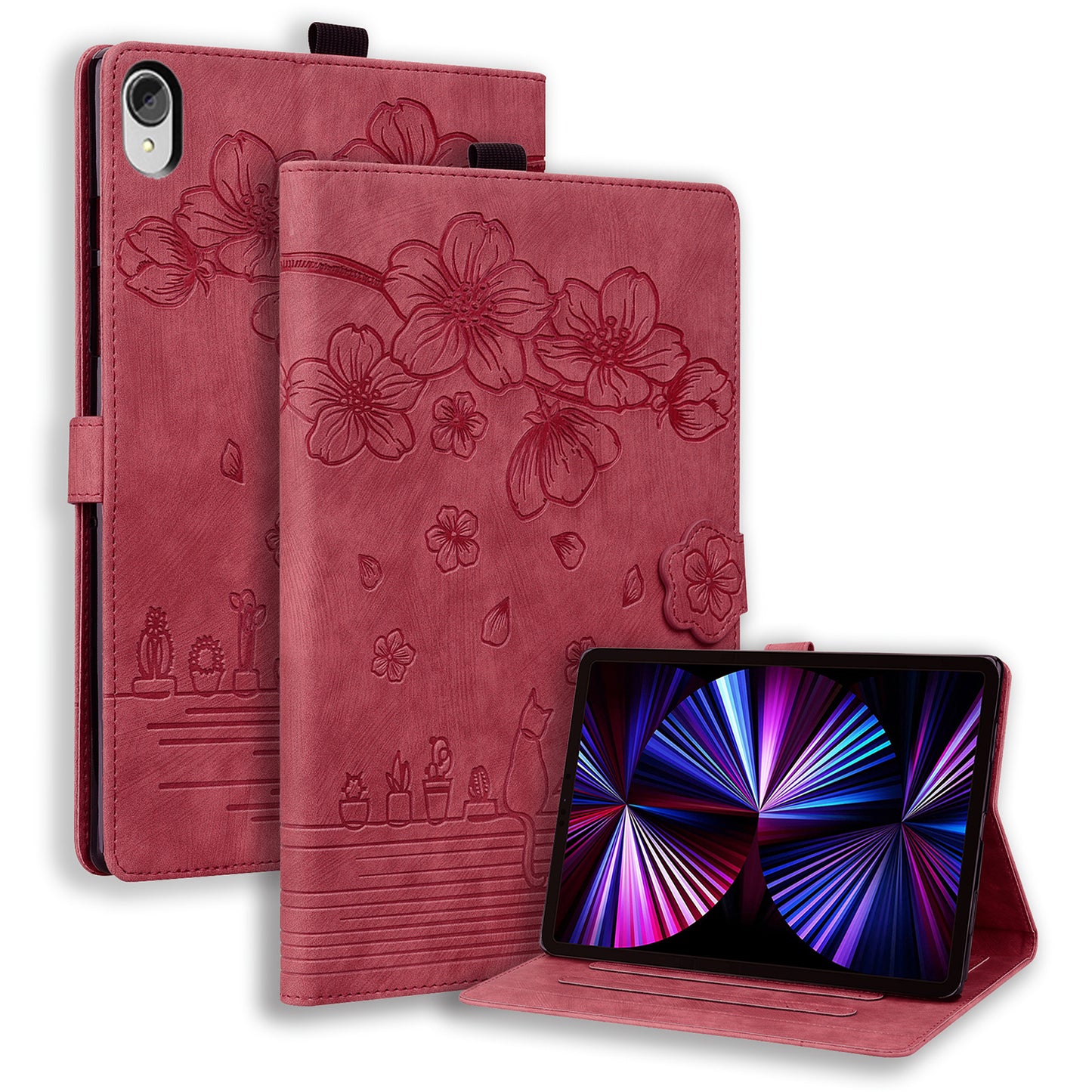 Cat Cherry Blossoms Lenovo Tab P11 (2021) Grils Case Retro Leather Embossing